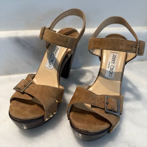 Jimmy Choo Open Toe Suede Urban Sue Platform Wooden Heels Sandal Hazel 7.5 - Picture 6 of 8